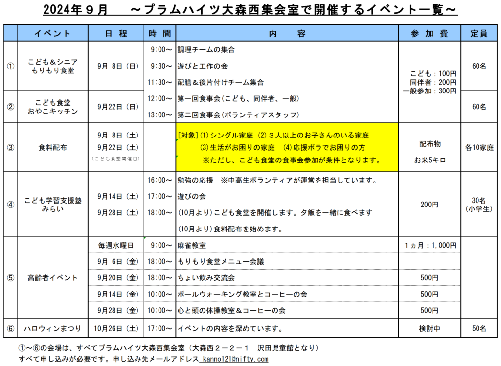 2024.9プラムハイツ大森西集会室イベント一覧