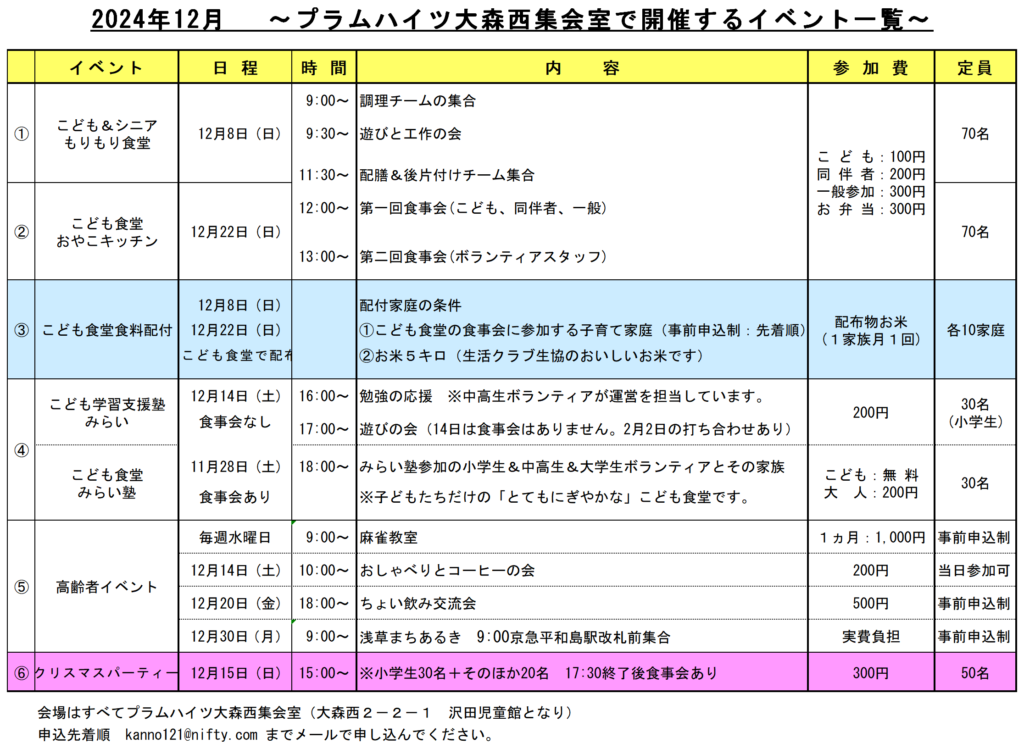 2024年12月 ～プラムハイツ大森西集会室で開催するイベント一覧～